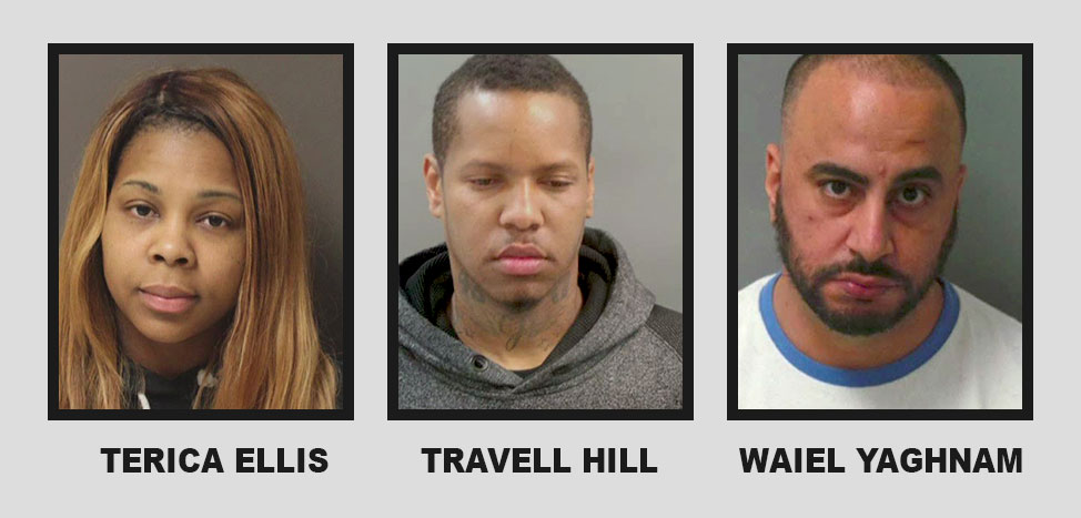 Mugshots of Terica Ellis, Travell Hill, and Waiel Yaghnam